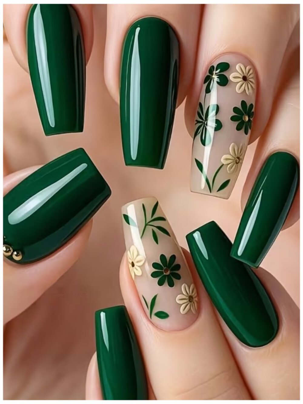 NWT Emerald Green Floral Press On Nails Coffin Ballerina Fake Nails 24pc Set